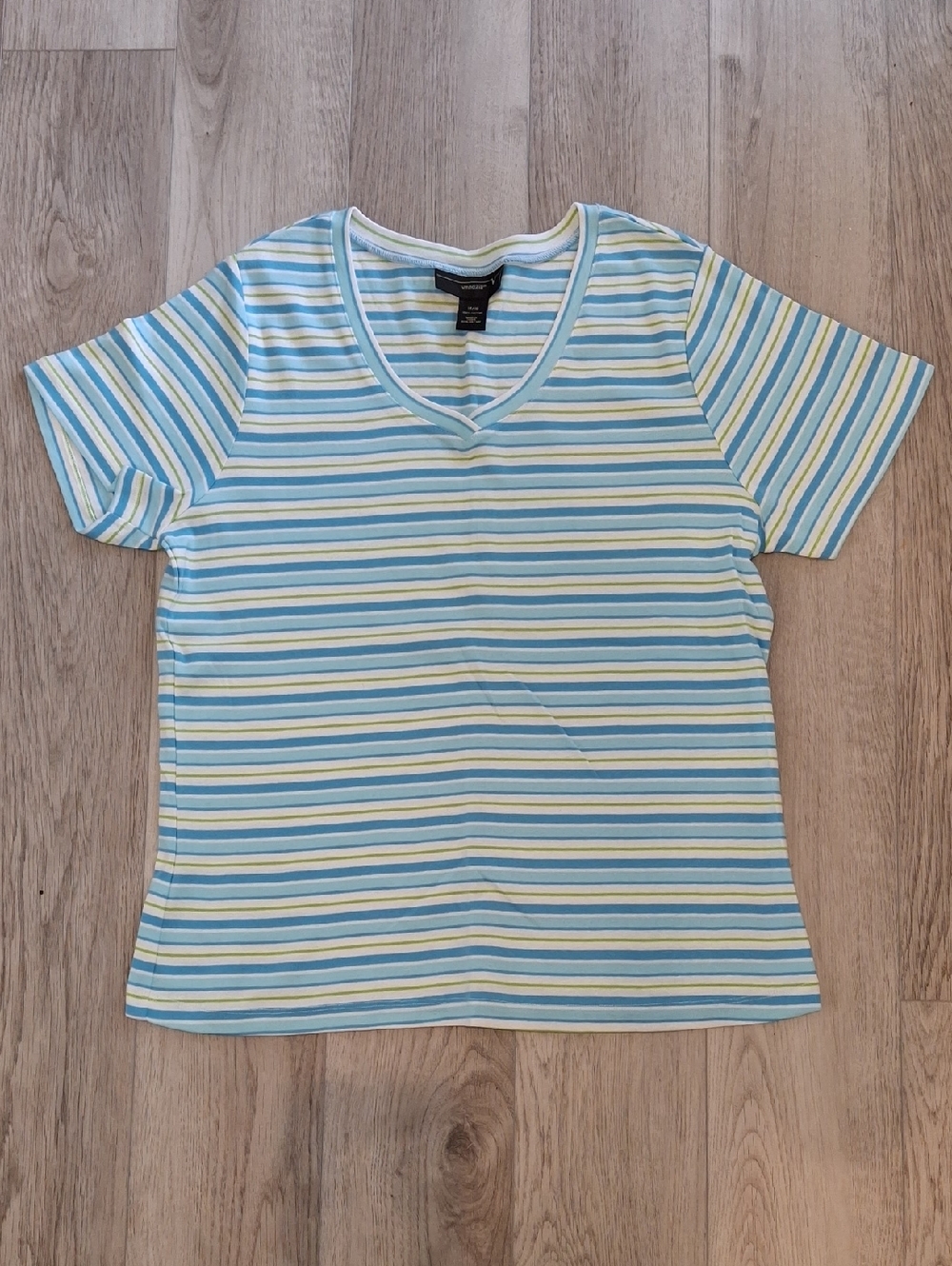 Vintage Venezia Short Sleeve V-Neck Tee in Blue, White, Yellow Stripes